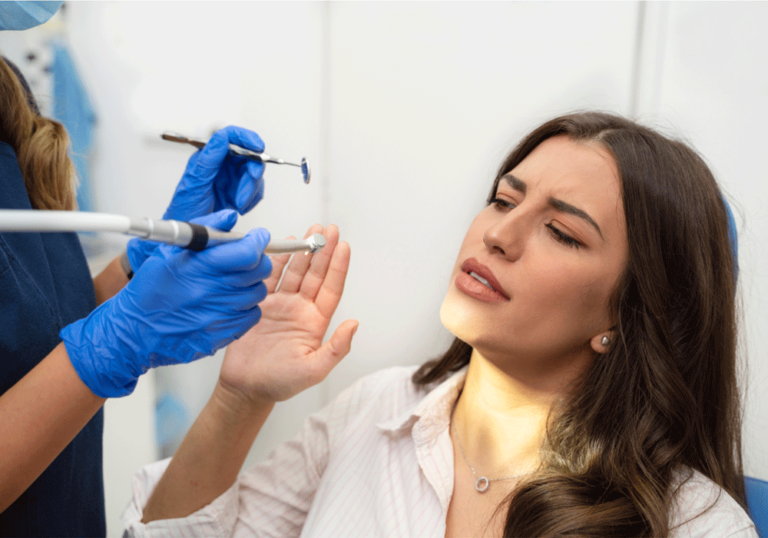 Woman refusing a root canal procedure at a dental clinic